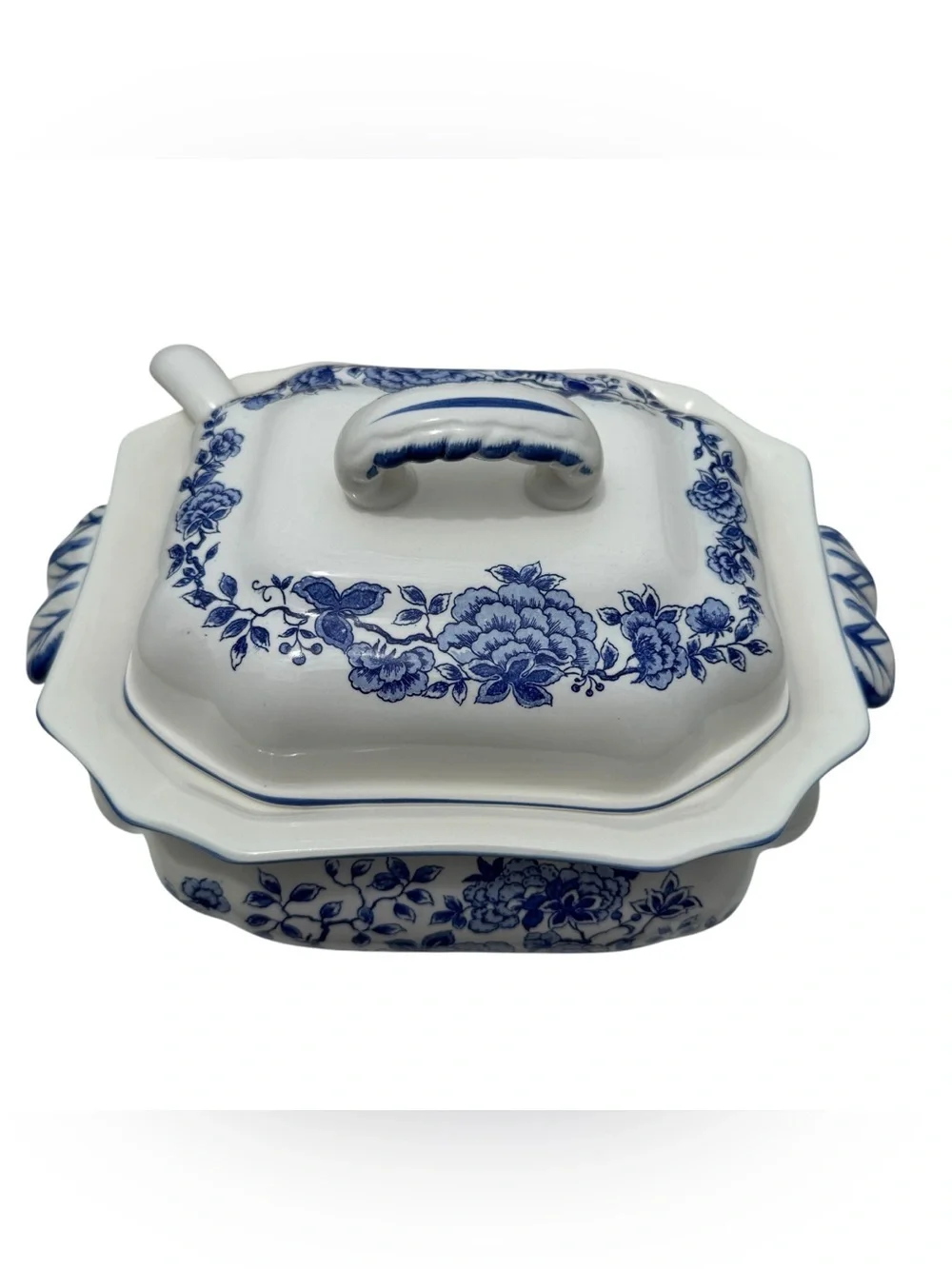 Vintage Blue White Chinoiserie Soup Tureen Ladle Lidded Serving Bowl Floral